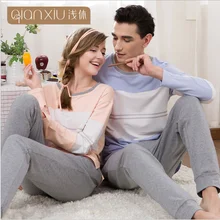 Весенняя брендовая домашняя одежда для пар, Повседневная Лоскутная Пижама, комплект Женский хлопковый пижамный комплект, женская футболка с длинными рукавами+ штаны