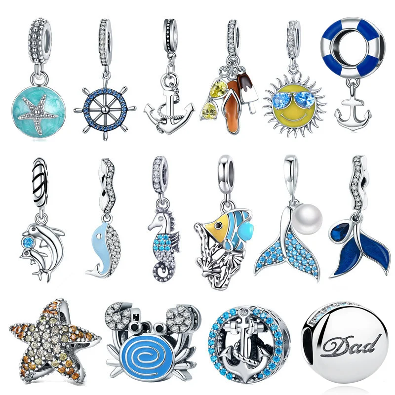 

fit Pandora Bracelet Original 925 Sterling Silver Anchor Coral Starfish Crab Dolphin Beads Sunshine Glasses Mermaid Tail Charms