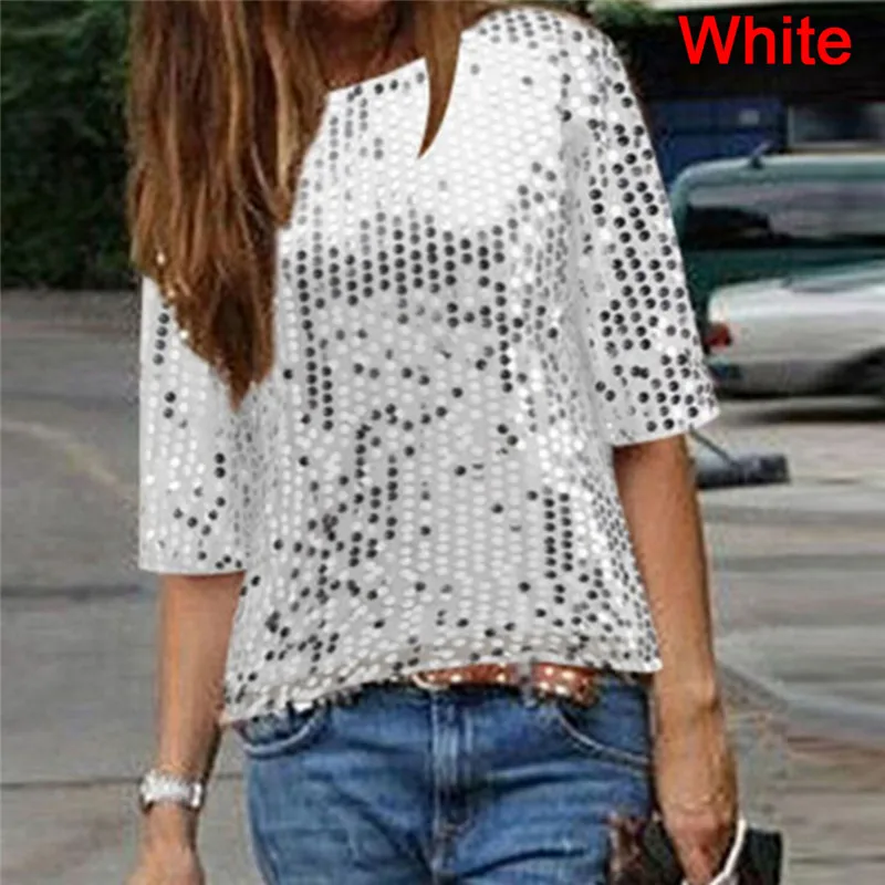 Женские пикантные блестящие блузки с открытыми плечами и блестками, вечерние топы, летняя повседневная свободная футболка Mujer Blusas Shirt - Цвет: White