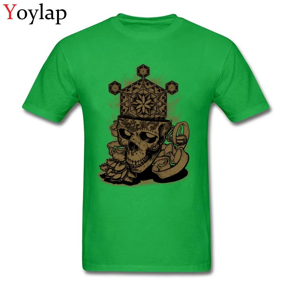 Round Neck All Cotton T Shirts for Men Family Summer Fall Tops Tees Short Sleeve Brand Flower of Life Skull Golden Printing Tee Shirt green
