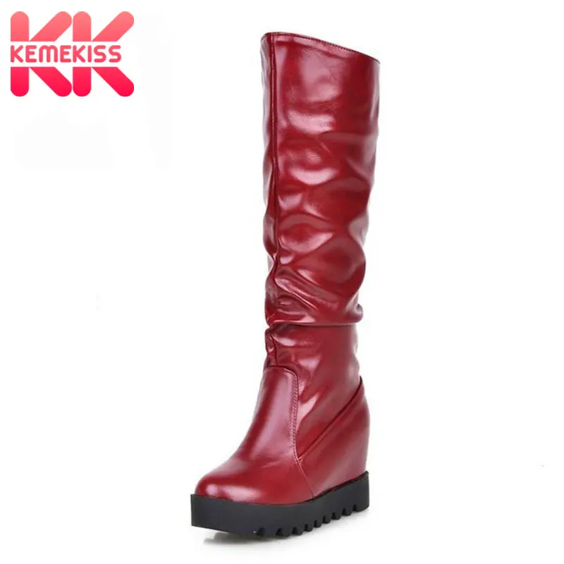 

KemeKiss New Women Knee High Boots Fur Platform Women Shoes Inside Heels Warm Long Boots Fashion Simple Shoes Size 33-43