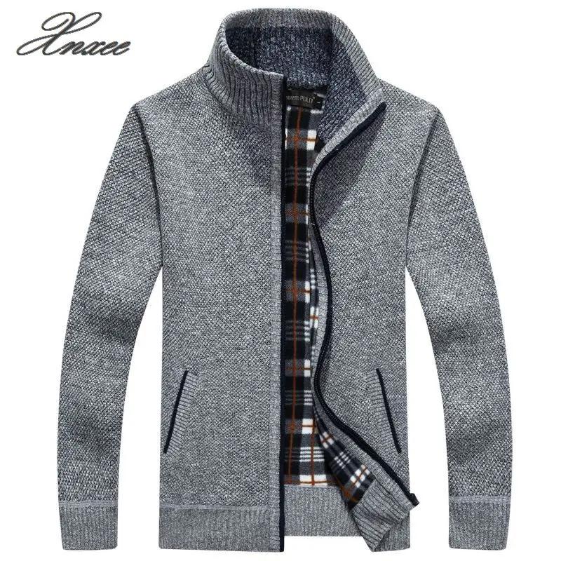 Мужская куртка Осень Зима теплые кашемировые шерстяные куртки на молнии пуловер мужские повседневные трикотажные свитеры пальто плюс размер M-4XL - Цвет: Серый
