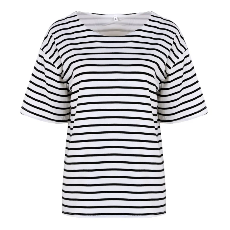 

Summer Women Fashion T-shirt Casual Loose Striped Black/White Vintage Tops Tee