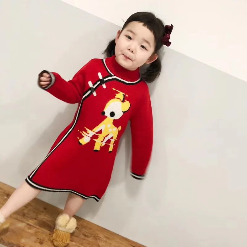 

Baby girls dresses long sleeve cartoon deer pattern knitted fashion red kids dress