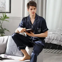 Пижамные комплекты мужские летние с коротким рукавом длинные штаны Тонкий ледяной шелк размера плюс Имитация натурального шелка пижамы мужские весна осень X9008