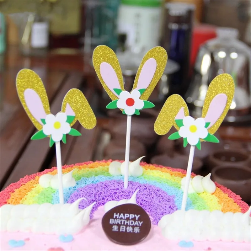 9pcs Rabbit Ears Flower Happy Birthday Cake Toppers