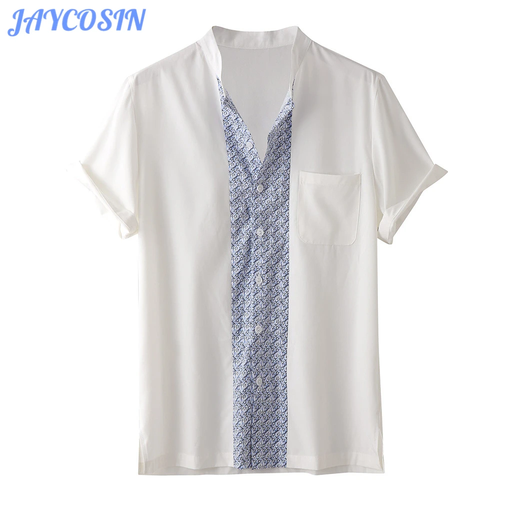 JAYCOSIN, Мужская одежда, белая однотонная мужская рубашка, Повседневная рубашка с коротким рукавом и стоячим воротником, на пуговицах, плюс размер, рубашки, топ, блузка, 717