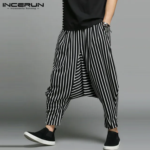 INCERUN Japan Style S-5XL Cross-pants Men Irregular Striped Patchwork Harem Pants Men’s Trousers Big Male Drop Crotch Plus Dance