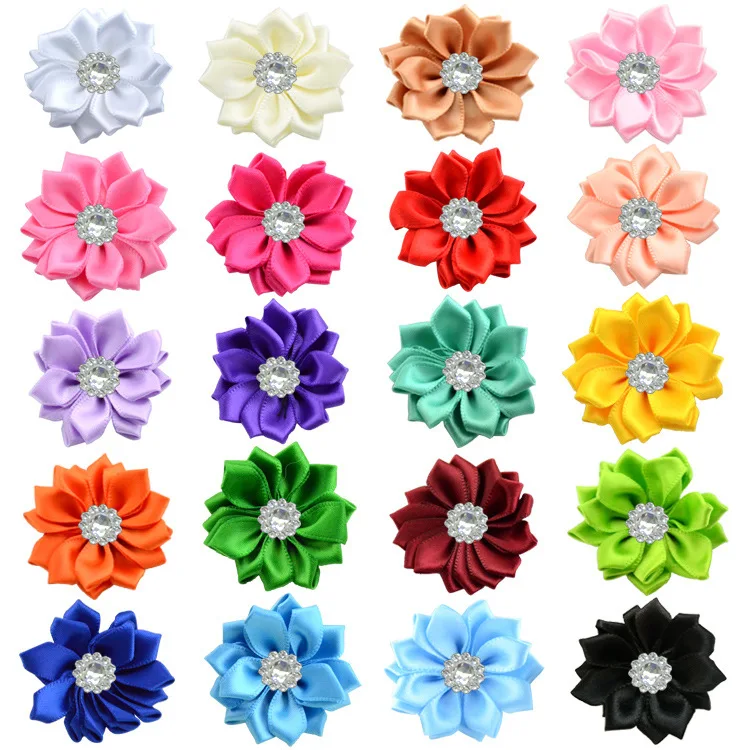 

10PCS 1.6" Satin Ribbon Multilayers Fabric Flowers With Acrylic Button for Baby Infant Headbands Hairpins DIY Hair Accessories