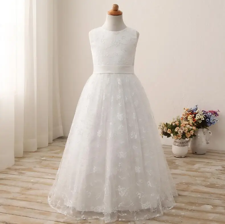

White Ball Gown Flower Girl Dresses With Lace Edge Christmas Scoop Sleeveless evening First communion Dresses Custom Made
