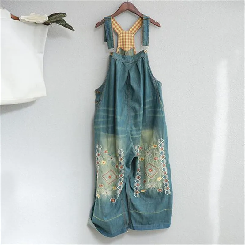 BUYKUD Vintage Embroidered Denim Jumpsuits Jeans Woman Backless Overalls Women Suspenders Wide leg Pants Bib Boots jumpsuits