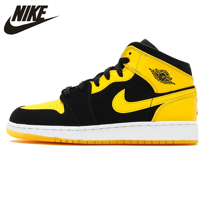 

Nike Air Jordan 1 Mid AJ1 Black Yellow Joe Men's Basketball Shoes Sneakers, Original Outdoor Non-slip Shoes 554724 035
