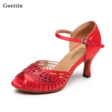 Goettin Сальса Танцы Бальные размера плюс для латино-американских танцев для девочек обувь Для женщин Danding слипоны полосы кран; Каблук-рюмочка; атласные сандалии с пряжкой модные