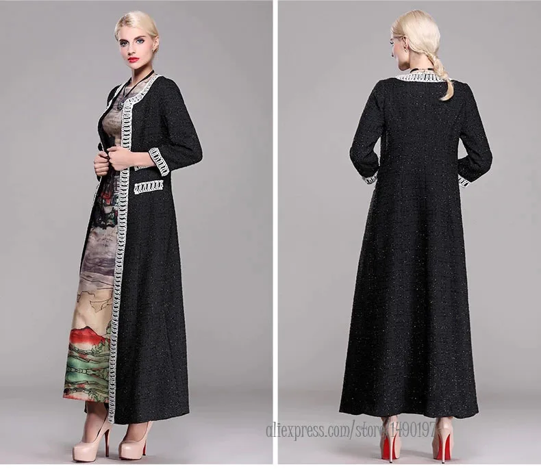 2014 Outerwear Black Cardigan Beading Long Sleeve Maxi Coat