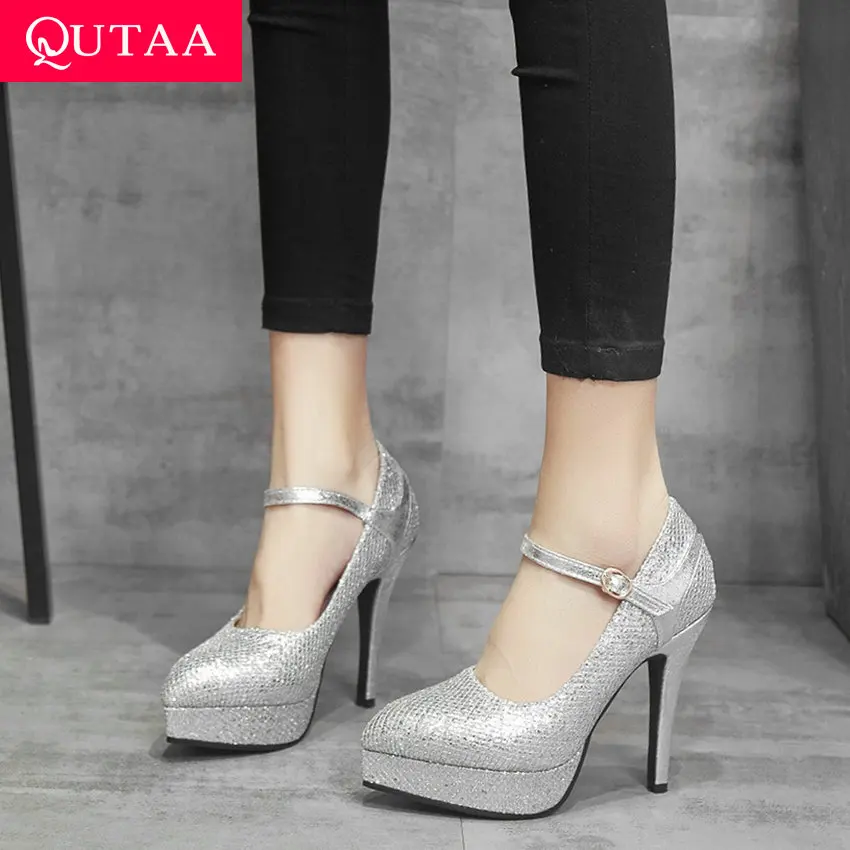 

QUTAA 2019 Women Pumps Thin Super High Heel Sequins PU Sexy Pointed Toe Shallow Single Shoes Fashion Platform 3cm Size 34-43