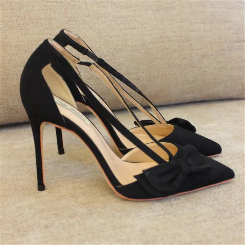 

Free shipping fashion women Pumps Black suede bow strappy Pointy toe high heels shoes size33-43 12cm 10cm 8cm Stiletto heeled