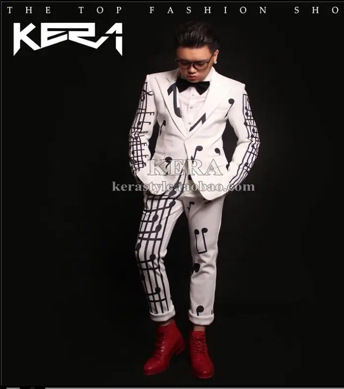 

Pattern suit jacket Mens singer Suits Two-piece set Fashion white Music symbol costume Concert dress nightclub clothing 2019