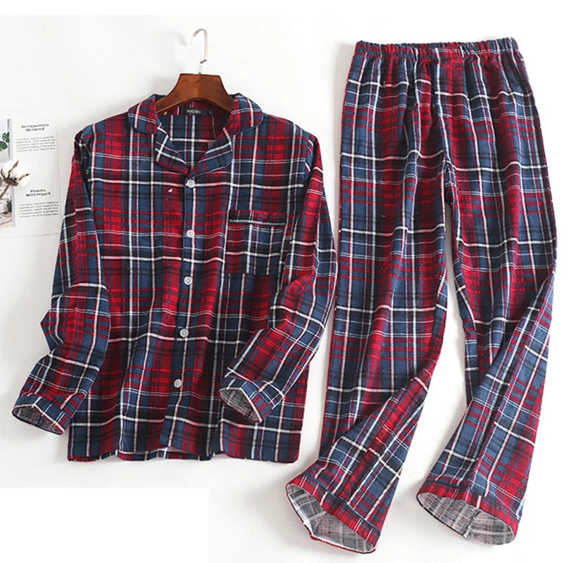 

Spring winter cotton pajamas men blue grid home suit