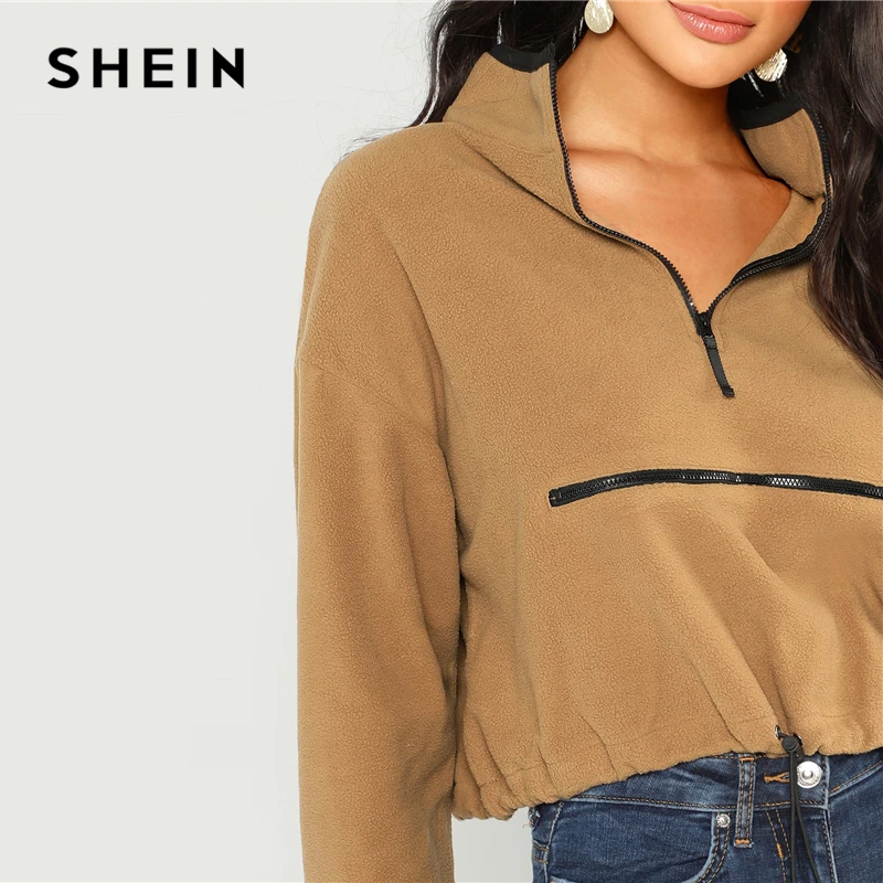  SHEIN Coffee Casual Minimalist Solid Half Placket Zipper Up Stand Collar Pullover Sweatshirt Autumn