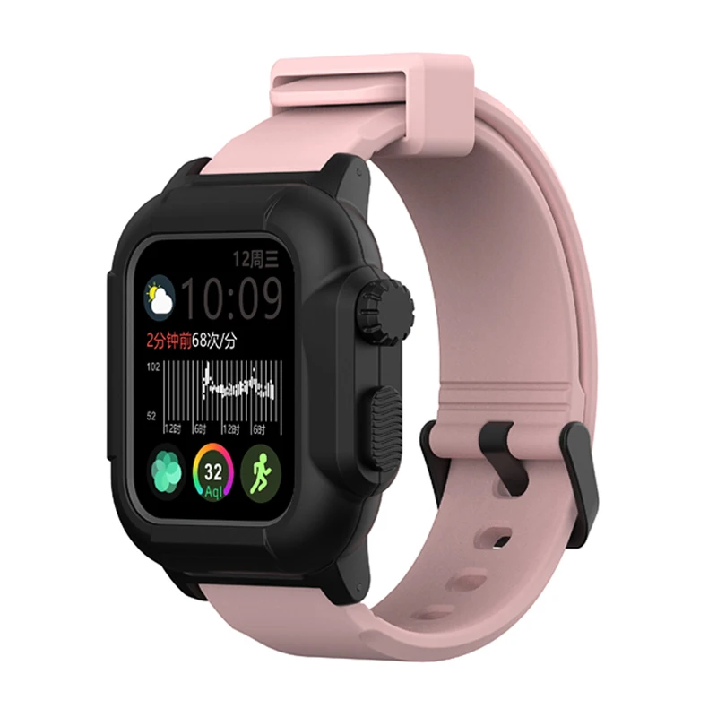 Спортивный водонепроницаемый мягкий чехол для Apple Watch Case Series 5 4 с силиконовой лентой 44 мм 40 мм ударопрочный ремешок - Цвет ремешка: Black Pink band