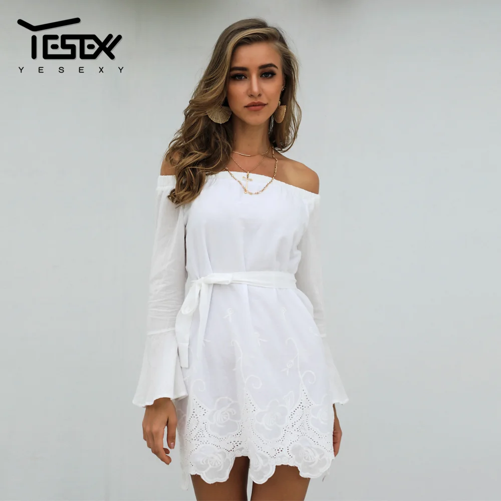 Yesexy 2019 Летнее белое женское платье с рукавом на запястье и вырезом однотонное