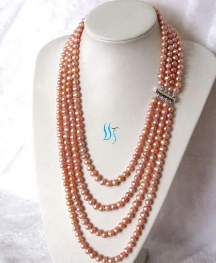 

FREE SHIPPING>>>@@ > N2061 6-8mm 4 Row Peach Pink Freshwater Pearl Necklace Strands Jewelry