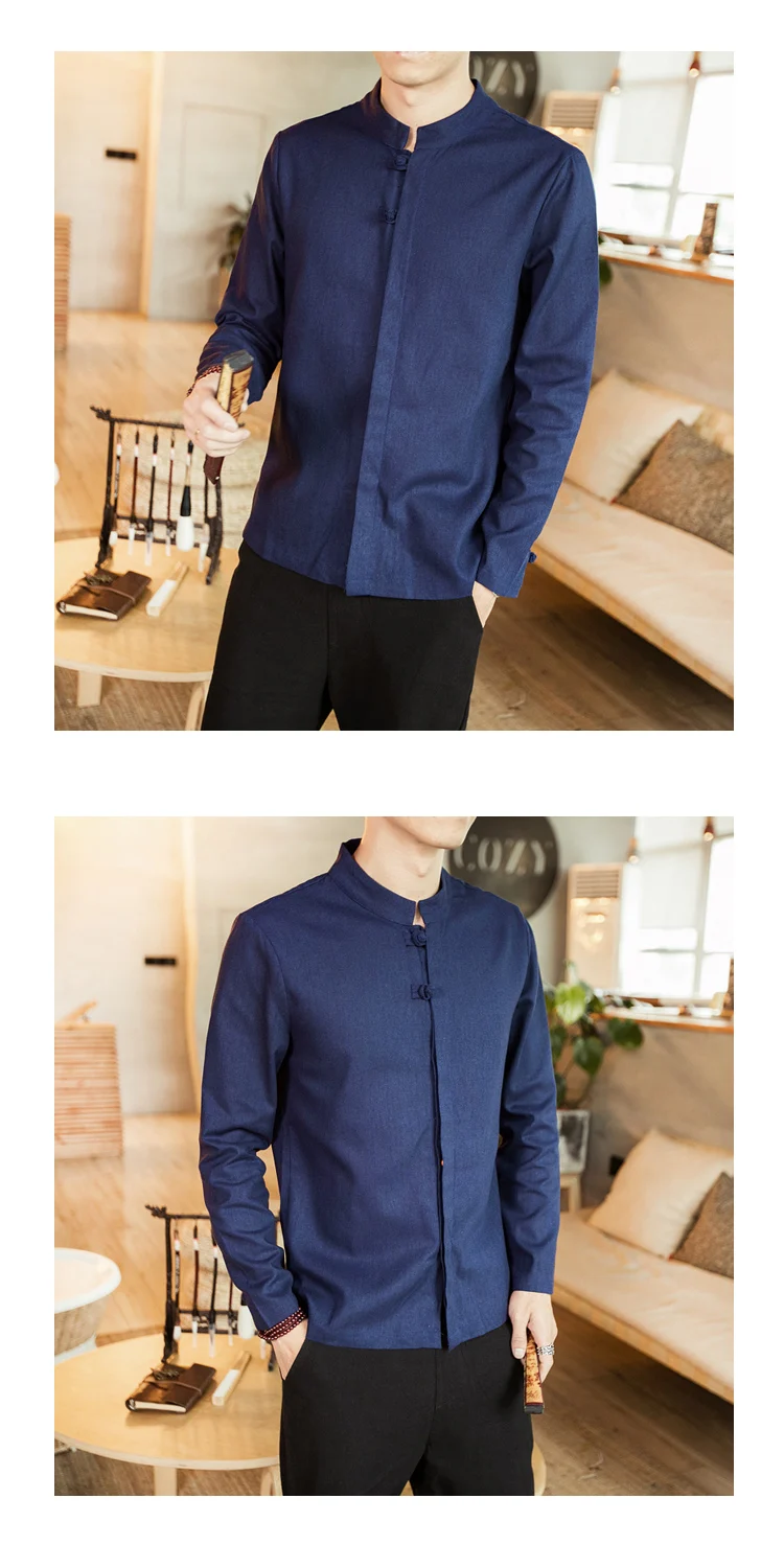 Новые льняные мужские рубашки Осень Плюс XXXL льняные рубашки с длинным рукавом льняные хлопковые мужские рубашки однотонные ретро рубашки с круглым вырезом размер M-5XL