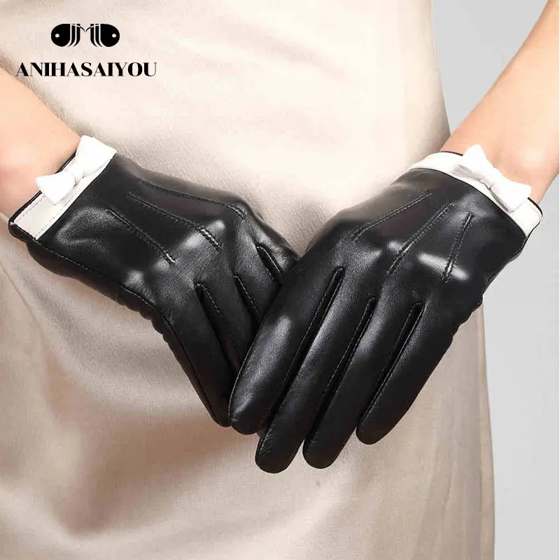 

leather gloves women female cute fashion sheepskin gloves thin black short genuine leather winter gloves women - L154