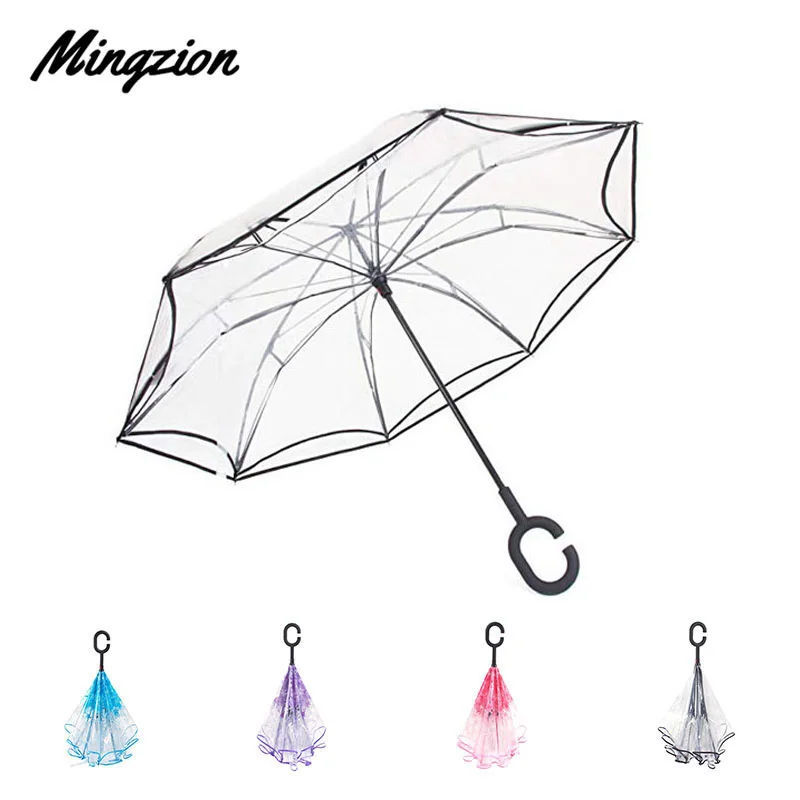 

Mingzion Wedding Clear Transparent Reverse Umbrella Large Double Layer Inverted Women Men Windproof C Handle Umbrella for Car
