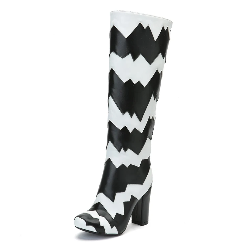 Kcenid Dames Taille Patchwork 47 Nouveau Haute Style Hauts Bottes Mode Plus Genou Rond Noir Chaussures 34 Femmes Talons Bout Tr5wxaTq4