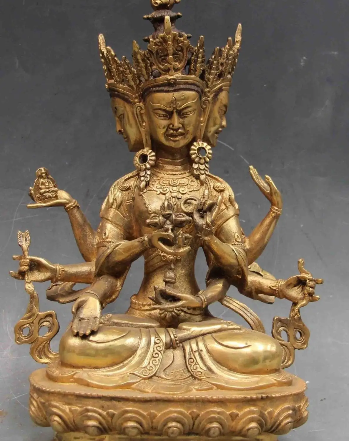 

12 Chinese Bronze Three Face Eight Arm hand Arms kwan-yin Guan Yin Buddha Statue