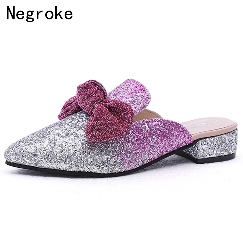 

Sexy Women Mules Slippers 2019 New Pointed Toe Glitter Low Heel Shoes Woman Bling Bowknot Flip Flops Female Casual Loafers