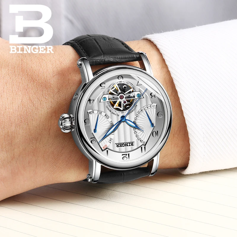 Швейцарский бренд БИНГЕР часы мужские роскошные турбийон автоматические часы сапфир натуральная кожа водонепроницаемые механические наручные часы