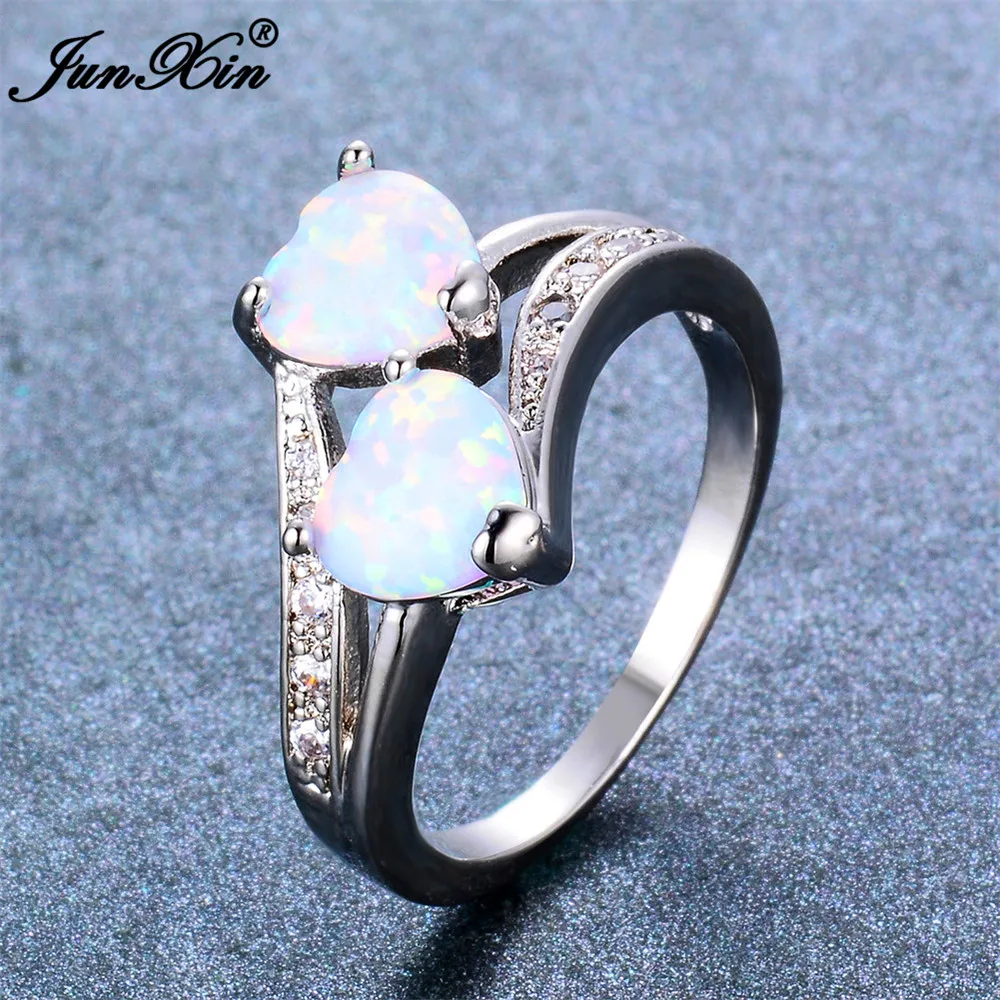 JUNXIN модное мужское женское кольцо с двойным сердцем богемский синий камень огненный опал кольцо обещание на помолвку кольца для мужчин и женщин