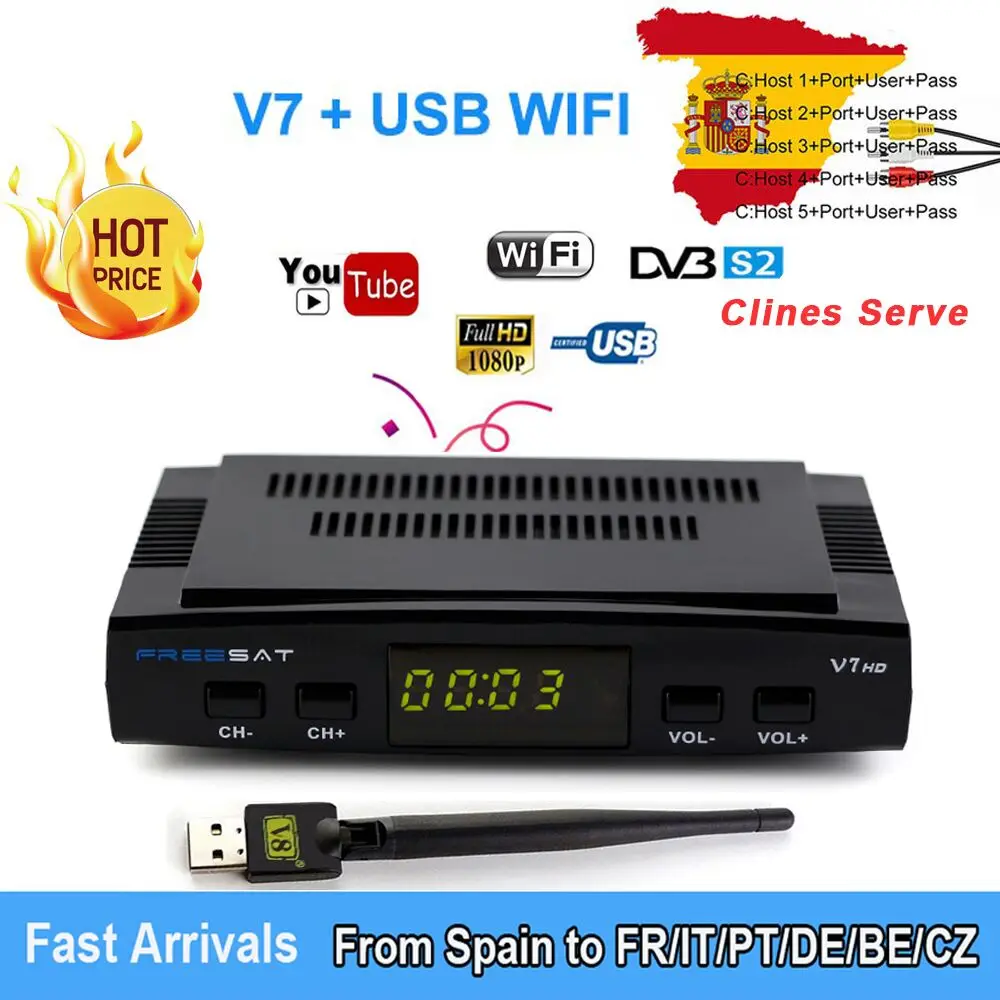 

Freesat V7 HD AC3 DVB-S2 Satellite H.264 Cccam Newcam Receiver TV Box Power Vu Biss key Decoder + USB WiFi With 1 Year CCCAM