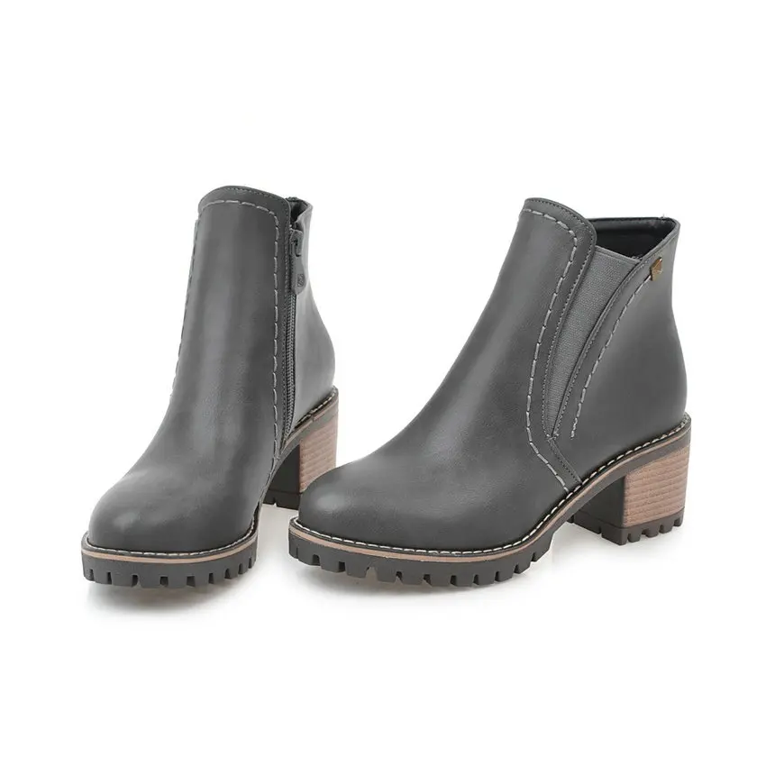 ESVEVA/ г. Женские ботинки на массивном каблуке короткие плюшевые ботильоны на квадратном каблуке Демисезонная женская обувь с круглым носком на молнии размеры 34-43 - Цвет: Серый