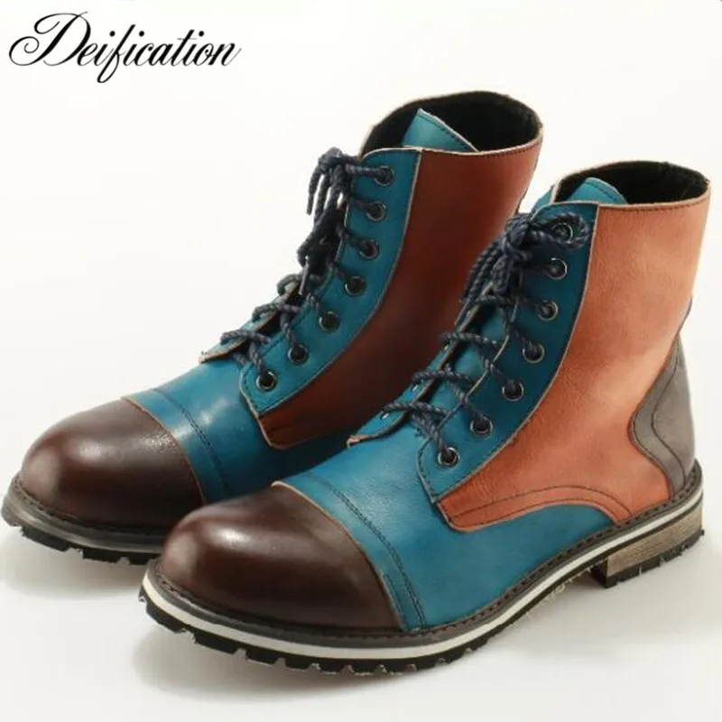 

Deification Mixed Colors Lace-up Ankle Boots Patchwork Real Leather Motorcycle Cowboy Martin Boots New Botas Militares Shoes Men