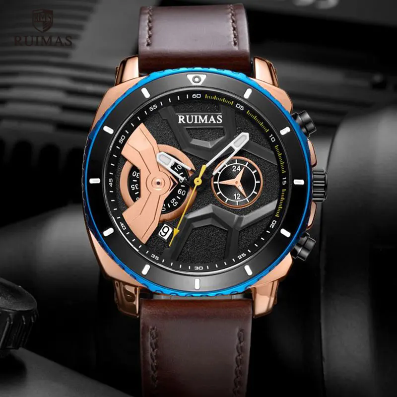

RUIMAS Waterproof Quartz Watches Men Top Brand Luxury Leather Wristwatch Relogios Masculino Clock Man Army Sports Watch 552 Rose