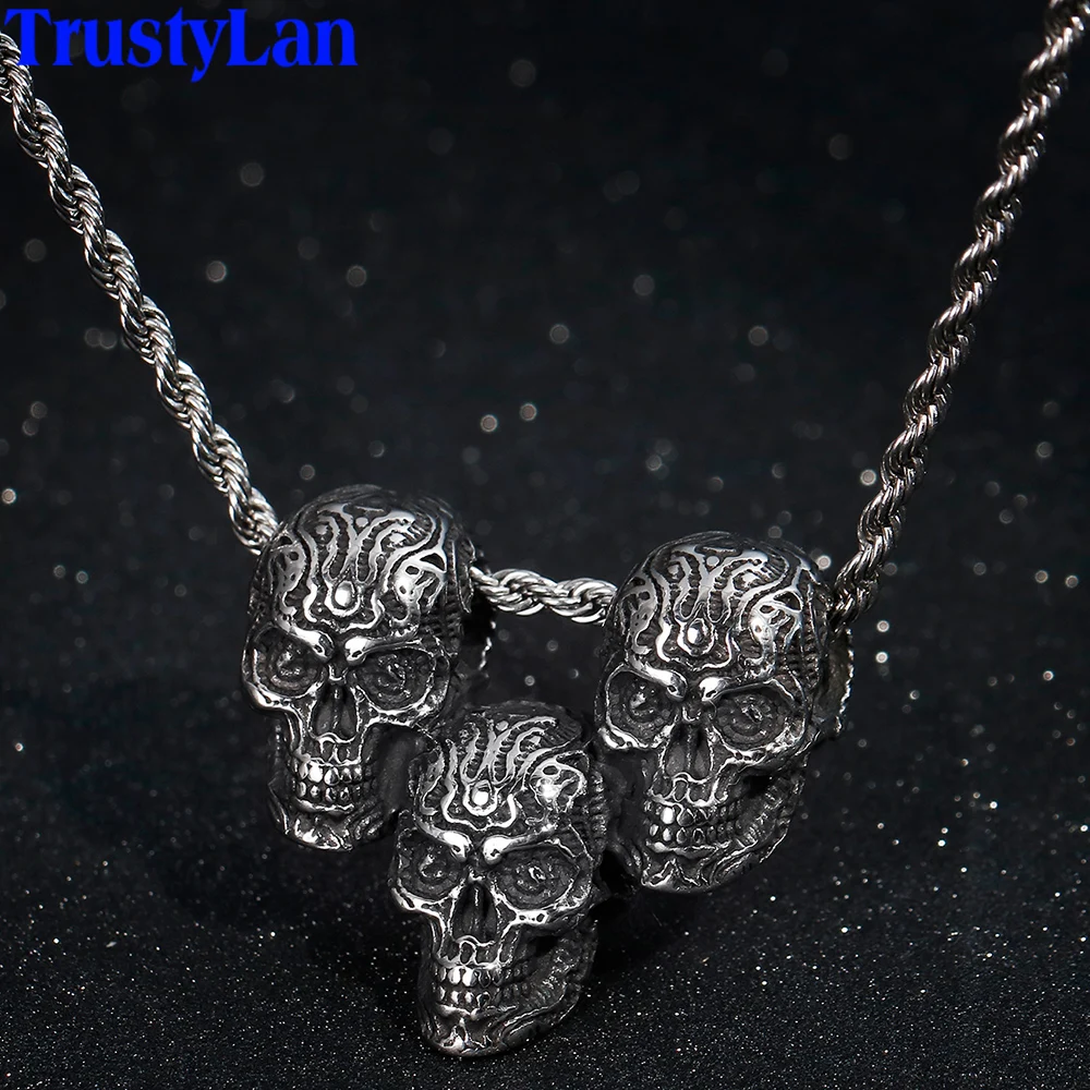 

Hip-Hop Rock Three Skull Heads Pendant Necklace Charm Men Vintage Stainless Steel Jewelry For Night Club Party Long Necklaces
