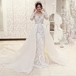 Vestido de noiva 2019 с длинным рукавом свадебное платье со съемной Поезд Русалка Sheer шеи Ближний Восток Дубай женские подвенечные платья