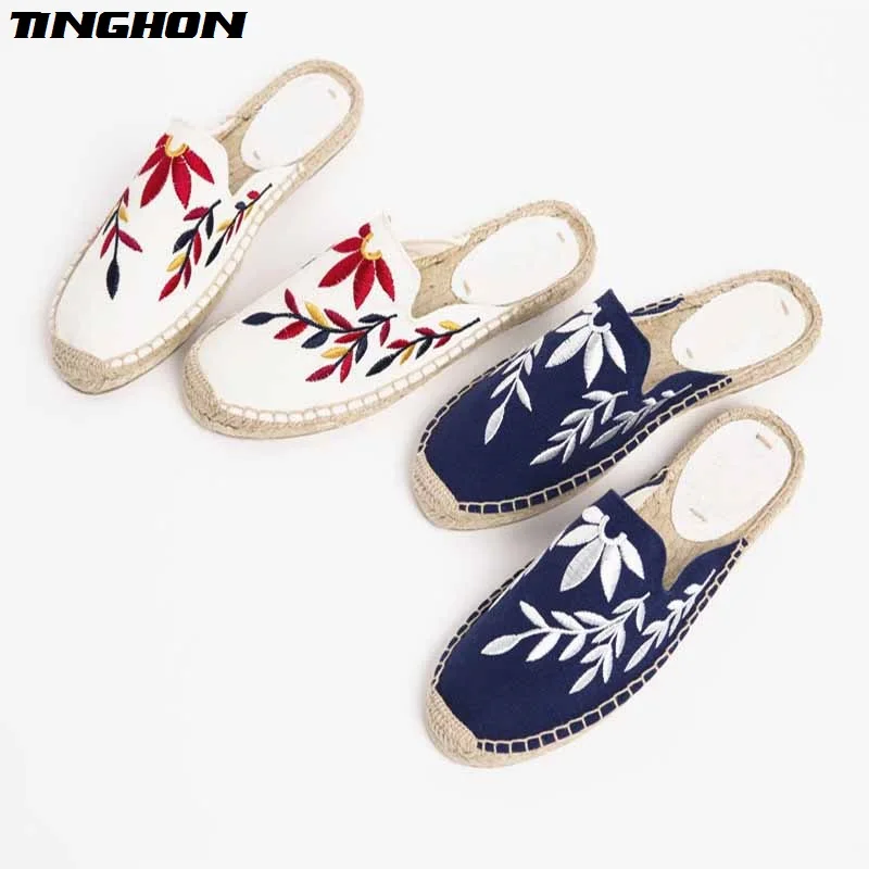 

TINGHON Fashion Women Ladies Espadrille Shoes Canvas Embroidered leaves Hemps Fisherman Flats Shoes