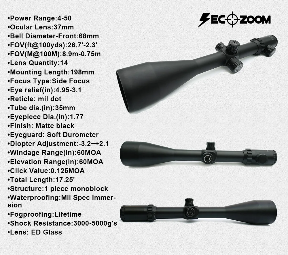 4-50x75 ED зум длинный глаз Рельеф Большой диапазон экстра-Низкая дисперсия стекло оптически линзы стрельба снайперская винтовка прицел
