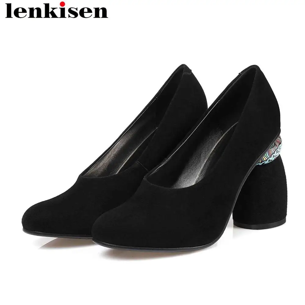 

Lenksien black color natural leather office laldy round toe women shoes strange style super high heels slip on dress shoes L88