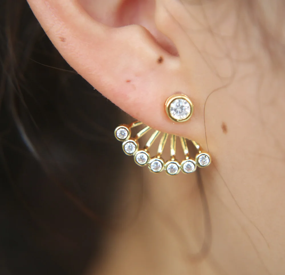 

FAN shape bezel cubic zirconia gold color elegant fashion jewelry double sided jacket fashion girl women new earring design
