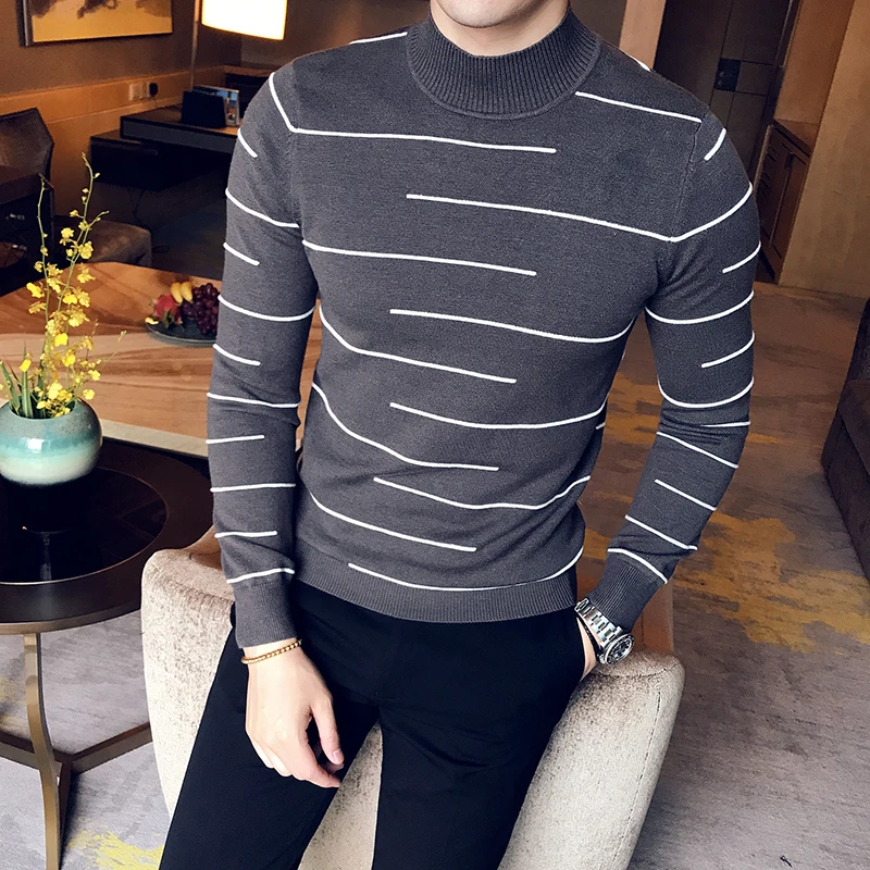 Casual Wool Half High Neck Across Stripe Knitting Men Sweater 2018 ...