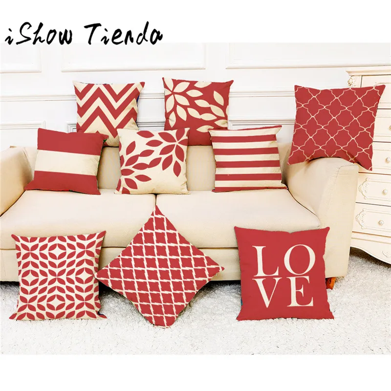 

ISHOWTIENDA Super Soft Linen Geometry Pillowcase Home Decor Cushion Cover Red Geometric Throw Pillowcase Pillow Covers