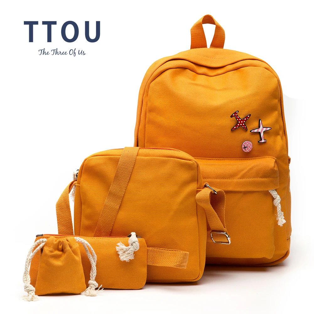 

TTOU Women Casual Backpacks 4Pcs/Set Canvas Book Bags Cute Plane Badge School Backpack for Teenage Girls Composite Bag mochila