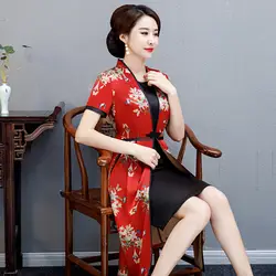 Сексуальная длина до колена Cheongsam 2019 Лето Винтаж платье в китайском стиле Модные женские район Qipao Тонкий Вечерние платья с пуговицами Vestido