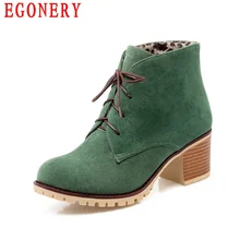 Casual Lace Up Square High Heels Nubuck Womens Ankle Shoes Woman Spring Autumn Riding Boots