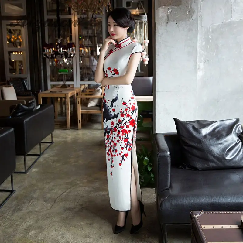 Priting красный цветок Cheongsam белые длинные Qipao Для женщин китайское традиционное платье Oriental Стиль платья Китай Костюмы магазине